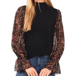 CeCe Black Mixed Media Long Sleeve Mock Neck Top Size XS NWT